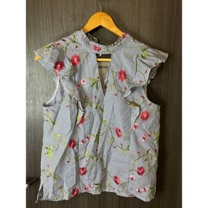 BCBGEneration Ruffle Top‎ Women's Small Blue White Striped Floral Embroidered